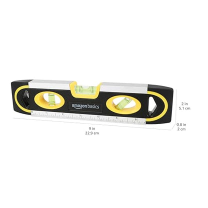 Amazon Basics 9-Inch Magnetic Torpedo Level and Ruler, 180/90/45 Degree Bubbles, Black