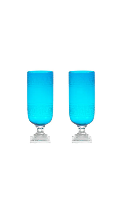 Aqua Greek Key Glass Hurricane Lamp Lantern, Set of 2 Candle Holder Vase