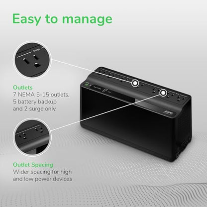 APC UPS Battery Backup and Surge Protector, 600VA/330 Watts Backup Battery Power Supply, BE600M1 Back-UPS with USB Charger Port