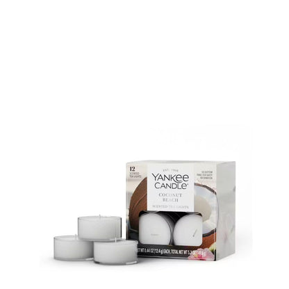 Yankee Candle Coconut Beach Tea Light Candles, Premium Plant Wax Scented Tealights, 12 Count, White, Up to 5 Hours Burn Time, Natural Fiber Wick, 0.44 oz Each