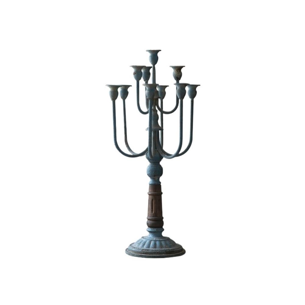 Candle Sticks Holder Retro Old Iron Candlestick Ornaments Flower Shop Wedding Western Restaurant Christmas Decoration Props for Dinner Party Festival(Blue)