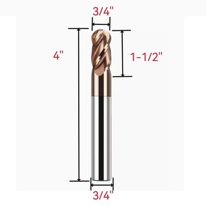 LAHDYFHOE2 Pcs 4 Flutes Carbide 3/4” Dia 3/4'' Shank Ball Nose End Mill, 4-Edge CNC Milling Bits Cutter Iron-HRC55 - TISIN Coated Bits Set CNC Router Bits