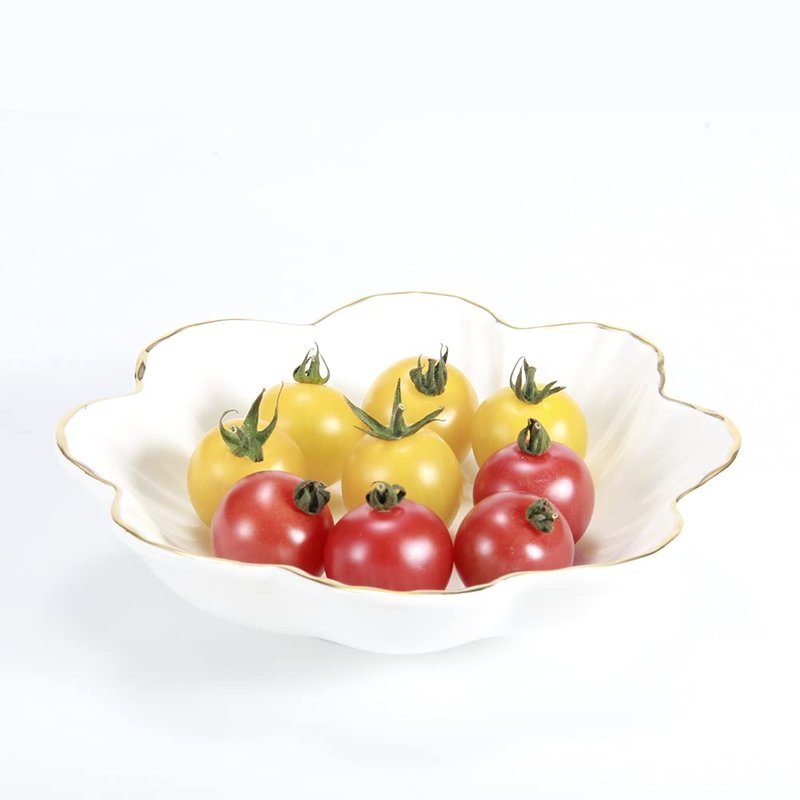 HOKMOKQOK Porcelain Serving Dish,Ceramics Flower Relish Tray with Metallic Rim,Serving Bowls for Wedding,Party Perfect for Small Cereal, Pasta, Salad, Candy and Snacks White 6.6 inch (6.6 inch)