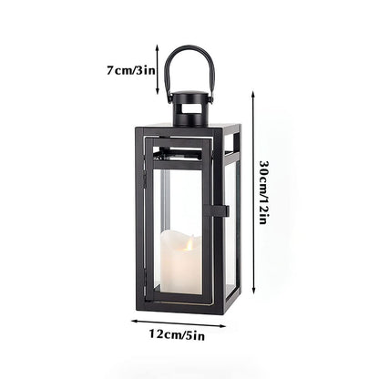 TRIROCKS Metal Candle Lantern 12'' High Decorative Outdoor Lantern Hanging Lantern with Tempered Glass for Christmas Home Decor Living Room Parties Events Tabletop Indoors Outdoors (Black Matte)