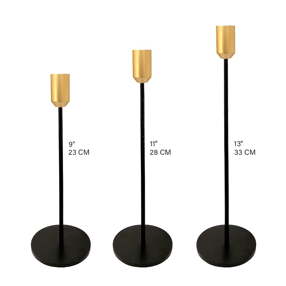 Yair Emanuel Set of 3 Black Tapered Modern Candlestick Holders Brushed Brass Cups - Fits 3/4 inch Candles - Elegant Home Decor Available in 3 Sizes