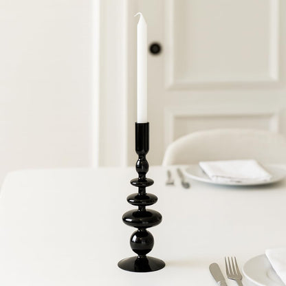 Glass Taper Candle Holder - Candle Holder for Sculptural Candlelight - Dining Room Table Decor or Mantel Display - Modern Disc and Sphere Design Accent, Home Decor – 11", Black