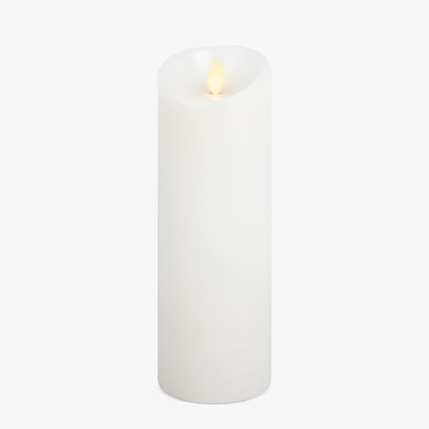 Luminara Realistic Moving Flame LED Candle (3"x8.5") Scalloped Edge Smooth Finish Real Wax Pillar, Battery Operated (2 C) 600 Hr Runtime, Timer, Remote Ready, Unscented - White