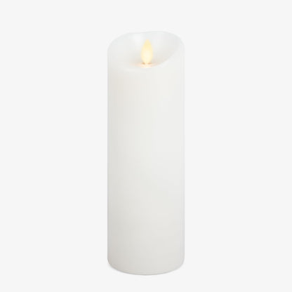 Luminara Realistic Moving Flame LED Candle (3"x8.5") Scalloped Edge Smooth Finish Real Wax Pillar, Battery Operated (2 C) 600 Hr Runtime, Timer, Remote Ready, Unscented - White