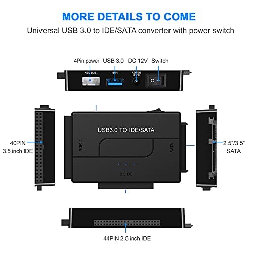 USB 3.0 to SATA IDE Hard Drive Reader, YINNCEEN External Hard Drive Ultra Recovery Converter Universal Hard Drive Adapter Kit for 2.5/3.5 HDD/SSD Hard Drive Disk, Include 12V/2A Power Adapter