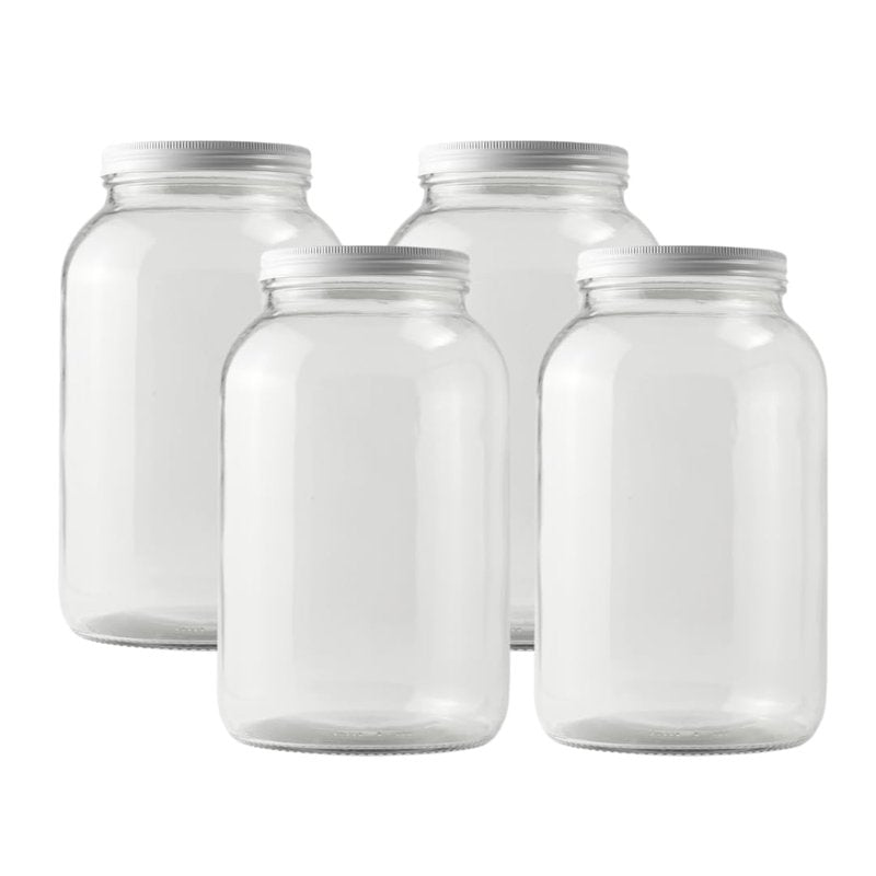 FastRack - One Gallon Wide Mouth Jar with White METAL Airtight Lid (Pack of 4) | Glass Canisters with Airtight Lids | Large Mouth Glass Jar with Fermentation Lid for brewing, fermentation and pickling