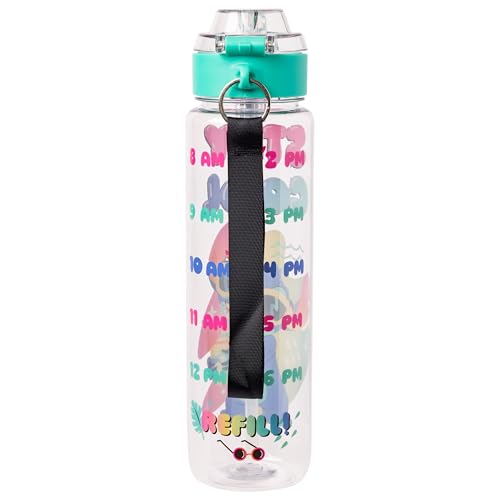 Silver Buffalo Disney Lilo and Stitch Stay Cool Hydration Tracker Schedule Plastic Water Bottle With Locking Lid, Strap, and Straw, 33 Ounces