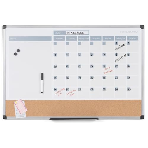 MasterVision Magnetic Dry Erase Monthly Calendar Planner Push Pin Corkboard Combo with Marker Tray, 24" x 36", Gray Plastic Frame, White, MB0707186P