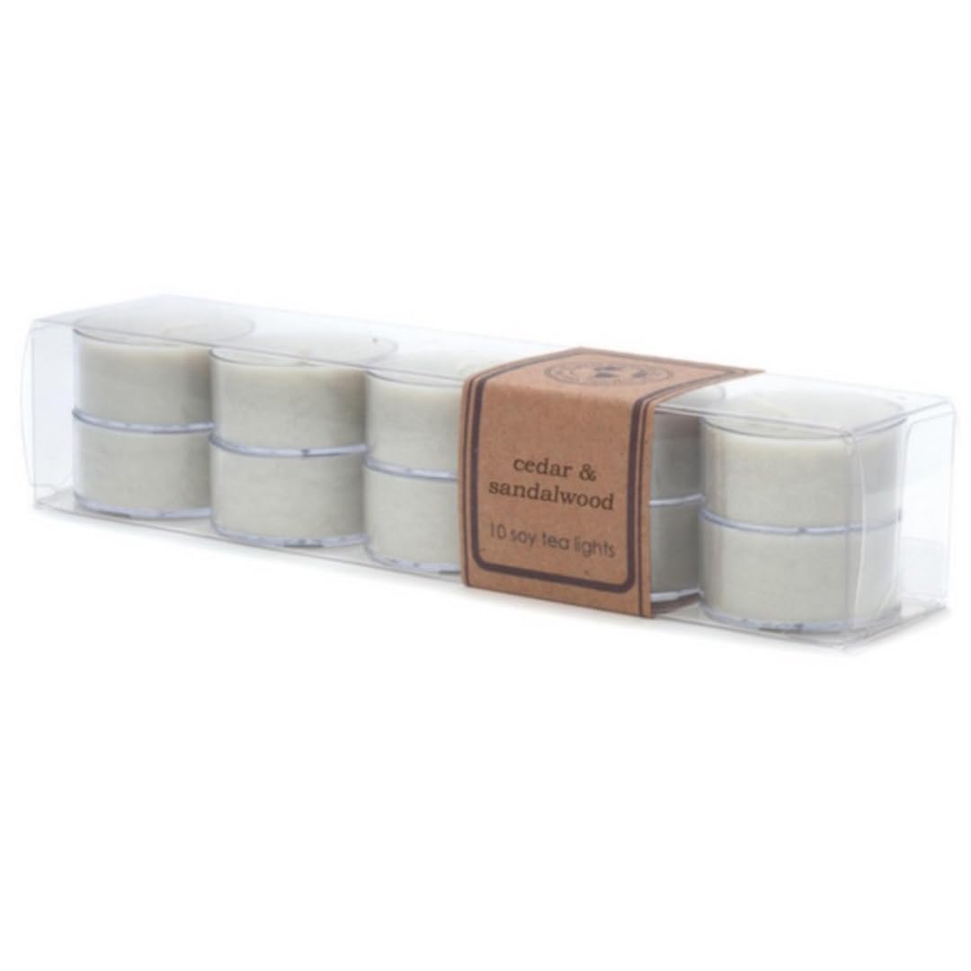 Eco Candle Co. Tea Light Candles, Cedar & Sandalwood, 10-Pack - Scents of Fresh Ozone, Lily, Cedarwood & Sandalwood - Recyclable, 100% Soy Wax, No Lead, Hand Poured, .6 oz. Each