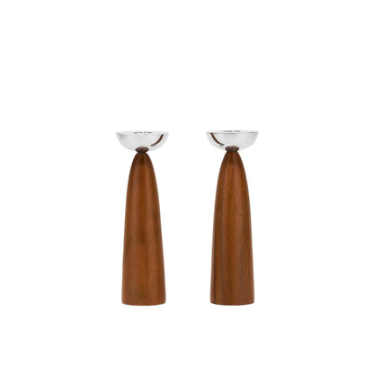 Nambé Sabbath Candlesticks – Modern Alloy & Acacia Wood Candle Holders for Shabbat & Table Décor, 2.5" x 7" – Elegant Judaica Centerpiece for Dining Table, Wedding & Holiday Lighting
