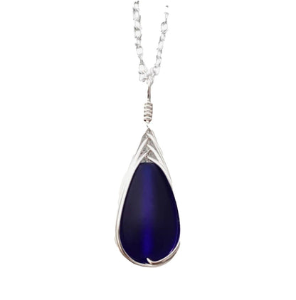 Yinahawaii Handmade Sea Glass Necklace, Hawaiian Jewelry For Women, Braided Teardrop Necklace, Unique Sea Glass Jewelry For Women Birthday Gift (Cobalt - September)