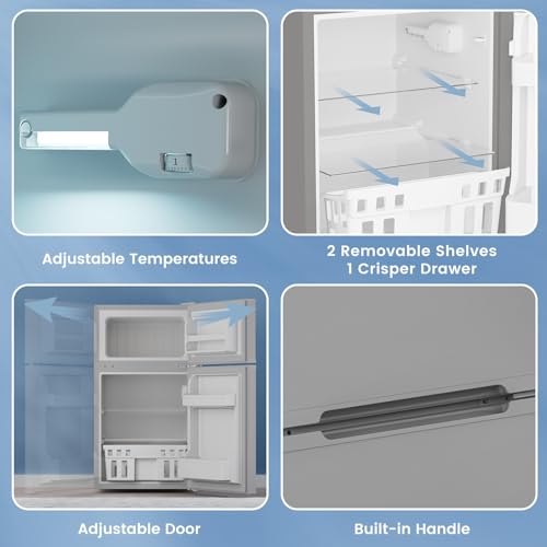 Electactic 3.1 Cu.Ft Small Fridge with Freezer, Compact Refrigerator with 2 Doors, Mini Fridge with Adjustable Removable Glass Shelves for Bedroom, Dorm, Office or Apartment,Grey