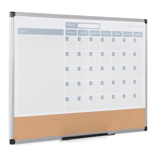 MasterVision Magnetic Dry Erase Monthly Calendar Planner Push Pin Corkboard Combo with Marker Tray, 24" x 36", Gray Plastic Frame, White, MB0707186P