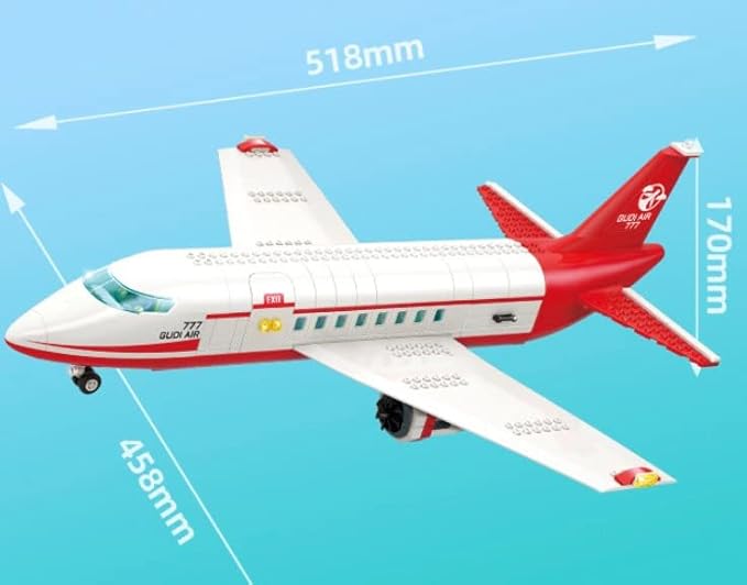 General Jim's White and Red Passenger Airplane 720 Piece Modular Building Block Bricks Toy Playset with Control Tower Service Vehicle and Motorcycle for Teens and Adults