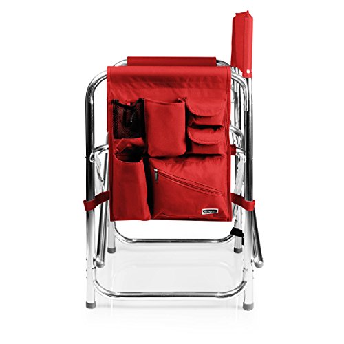 PICNIC TIME Sports Chair with Side Table, Outdoor Foldable Padded Adult Camping Chairs with Cup and Accessory Panel for Lawn, Beach, & Sports Use for Adults, up to 300-lbs Capacity, (Red)