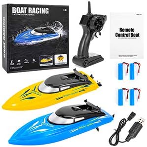 2PACK RC BoatRemote Control Boats for Kids and Adults10km/H 2.4G High Speed Remote Control BoatFast RC Boats for Pools and Lakes with 4 Rechargeable Battery.(Blue+Yellow)