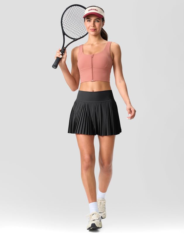 SANTINY Pleated Tennis Skirt for Women with Pockets Shorts Women's High Waisted Lightweight Athletic Golf Skorts Skirts for Casual(Black_M)
