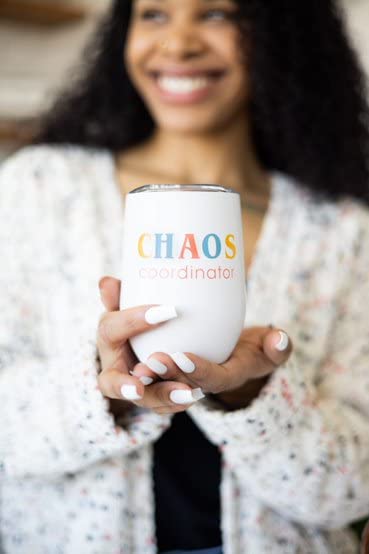 Pearhead Chaos Coordinator Stainless Steel Wine Tumbler with Press-In and Slide Locking Lid, Mother’s Day Stemless Wine Glass Tumbler Mug, New Mom Accessory, 12oz