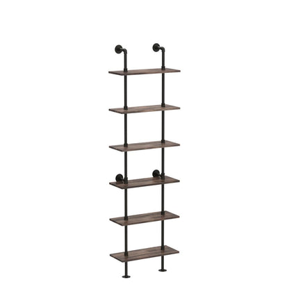 HOMBAZAAR Industrial Pipe Bookshelf,6 Tier Pipe Shelving,Wall Mounted Ladder Shelves with Metal Frame for Home Office,Living Room,Oak Brown