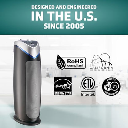 GermGuardian 4-In-1 HEPA Air Purifier for Home, Large Rooms Up To 743 Sq. Ft. with HEPA Air Filter, UV-C Light & Odor Reduction, AC4825E, 22" Tower, Gray