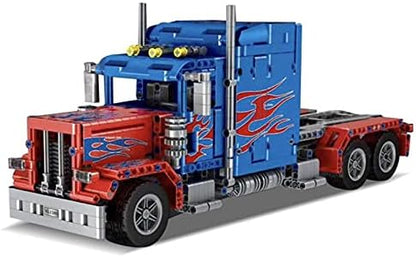 General Jim's RC Semi Truck Building Blocks Set Remote and App Controlled Model with Opening Doors Extendable Bed Dual Axles Flame Design 839 Pieces 1:20 Scale