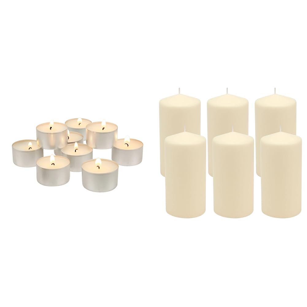Stonebriar Long Burning Tea Light Candles, 6 to 7 Hour Extended Burn Time, White, Unscented, Bulk 200-Pack (SM-TL200) & SB-SP-3548A Tall 3 x 6 Inch Unscented Ivory Pillar Candle Set, Set of 6, 3x6