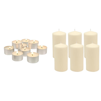 Stonebriar Long Burning Tea Light Candles, 6 to 7 Hour Extended Burn Time, White, Unscented, Bulk 200-Pack (SM-TL200) & SB-SP-3548A Tall 3 x 6 Inch Unscented Ivory Pillar Candle Set, Set of 6, 3x6