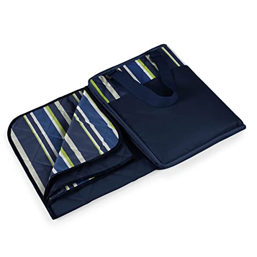ONIVA - a Picnic Time brand - Vista Outdoor Picnic Blanket & Tote - Beach Blanket - Camping Blanket, (Blue Stripe Pattern with Navy Blue Exterior)