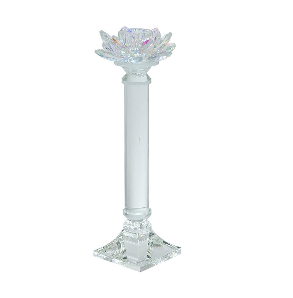 ORYNTIDE D4.5x11 Prismatic Lotus Crystal Glass Candlestick Holder - Elegant Taper Candle Stand with Iridescent Flower Top, Clear Luxury Décor