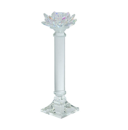 ORYNTIDE D4.5x11 Prismatic Lotus Crystal Glass Candlestick Holder - Elegant Taper Candle Stand with Iridescent Flower Top, Clear Luxury Décor