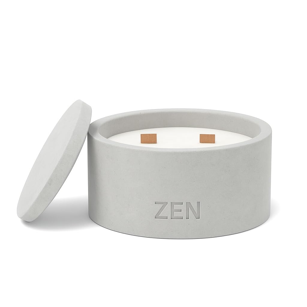 Zen Concrete Candle with Lid – Saffron Amber Jasmine – 100% Beeswax, Minimalist Jar, Wooden Wick, Reusable Container Plant Pot Storage – Luxury-Inspired (Gray, Medium, BAKARAT)