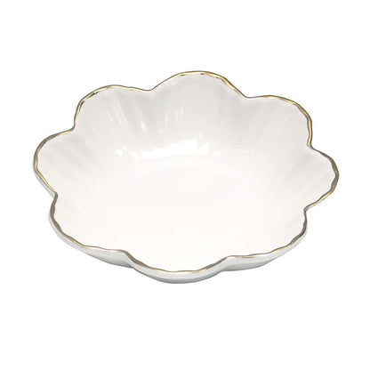 HOKMOKQOK Porcelain Serving Dish,Ceramics Flower Relish Tray with Metallic Rim,Serving Bowls for Wedding,Party Perfect for Small Cereal, Pasta, Salad, Candy and Snacks White 6.6 inch (6.6 inch)