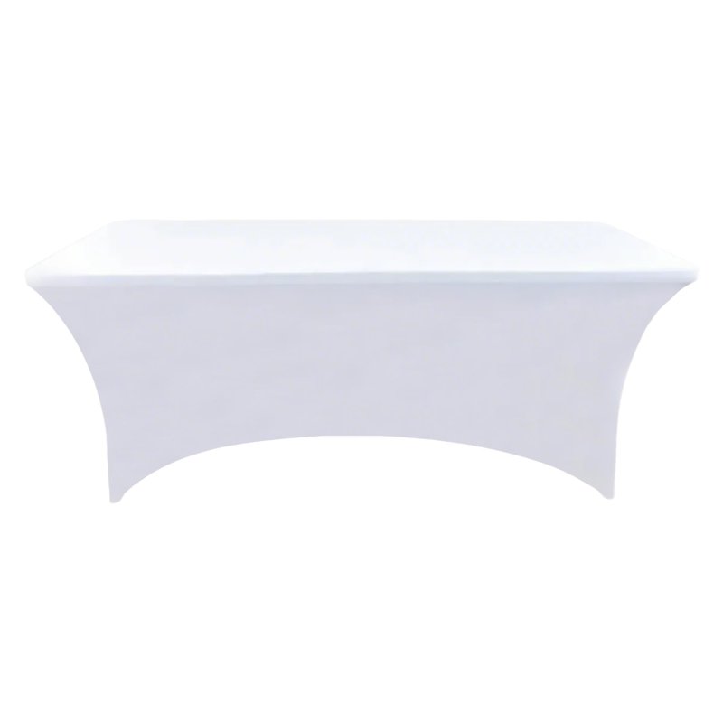 ZarzaaSik 6-Pack 8ft White Spandex Table Covers for Rectangle Folding Tables - Washable Elastic Tablecloth - Ultimate Fitted Table Protector for Birthday Parties, Trade Shows, Banquet