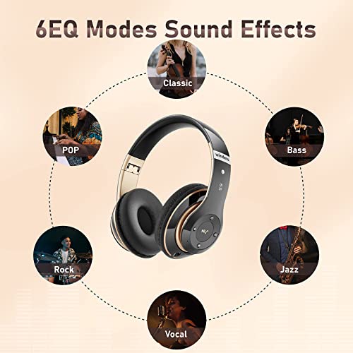Falebare Bluetooth Headphones Over Ear, 6S Wireless Headphones Wired with 6 EQ Modes, 40 Hours Playtime Foldable HiFi Stereo Headset with Microphone, FM/TF for Cellphone/PC/Work (Black & Gold)