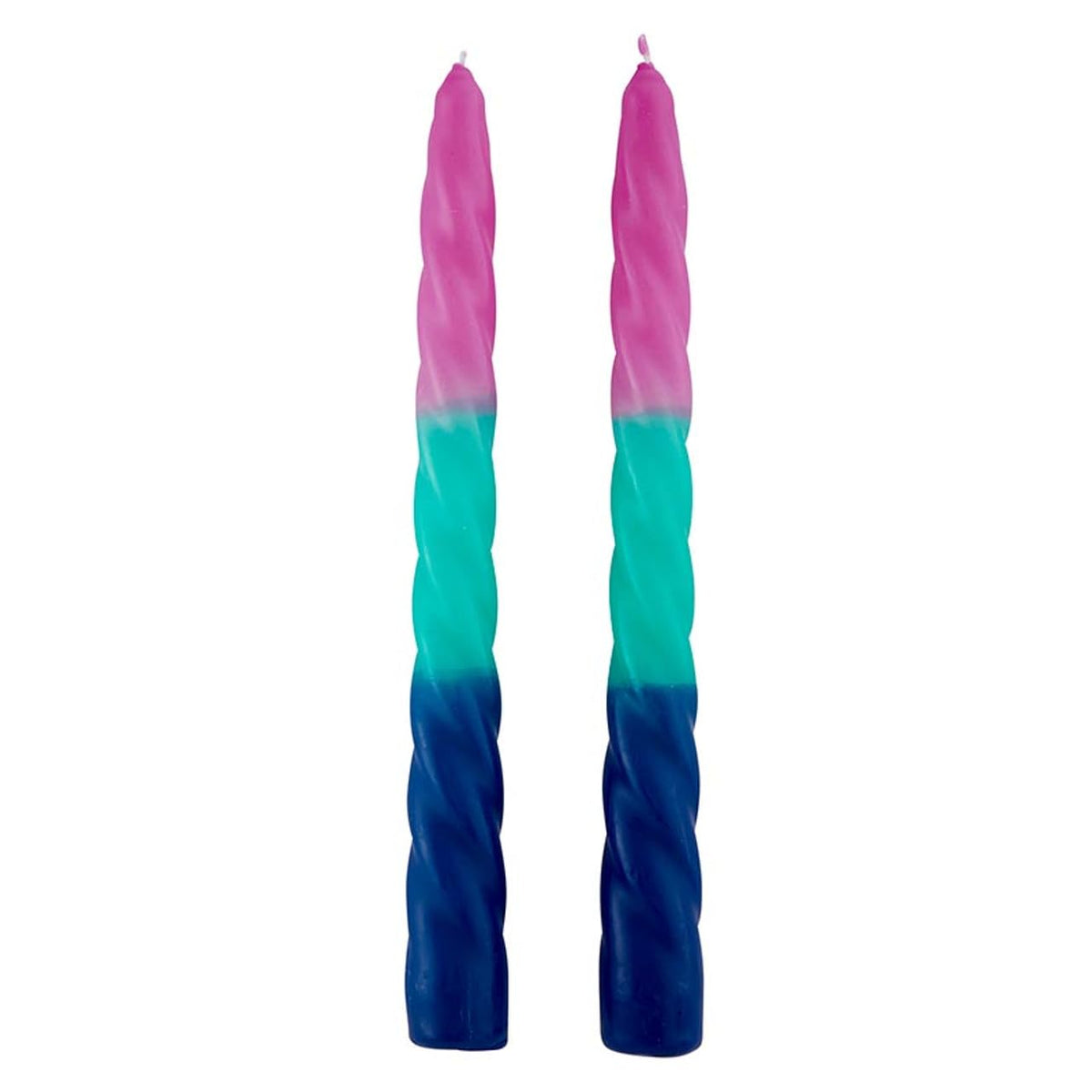 Slant Collections Tri-Colored Unscented Spiral Taper Candles 2-Count Dinner Candles, 9-Inch, Pink/Green/Blue