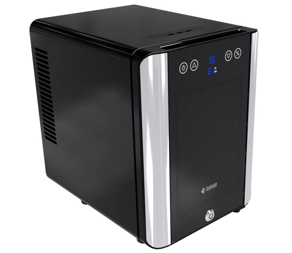 Terpkooler Essential Cooler Compact Portable Mini Fridge with Temp & Humidity Control, 3 USB Ports, Smoked Glass Shelves, Lockable UV Glass Door for Herbs, Oils, Cosmetics, and More
