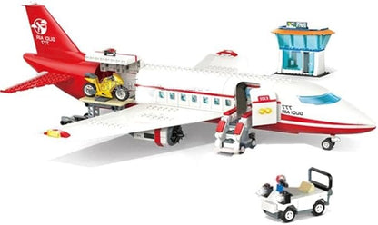 General Jim's White and Red Passenger Airplane 720 Piece Modular Building Block Bricks Toy Playset with Control Tower Service Vehicle and Motorcycle for Teens and Adults