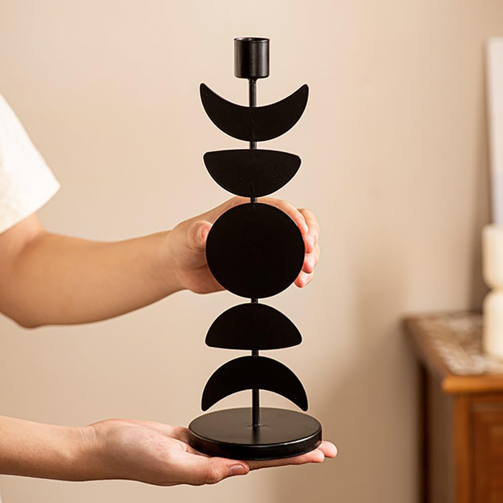 Iron Taper Candle Holder Matte Black Tall Star Moon Candlestick Holders Decorative Candle Stand Candlestick Holder for Wedding, Dining Table, Party Home Decoration (A)