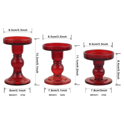 BTGLLAS 3-Piece Set of Red Glass Candlestick, Crystal Candlestick Holder Holder and Conical Candle, Christmas Candle Holder Decoration, Family Living Room Wedding Candle Holder (red1set)