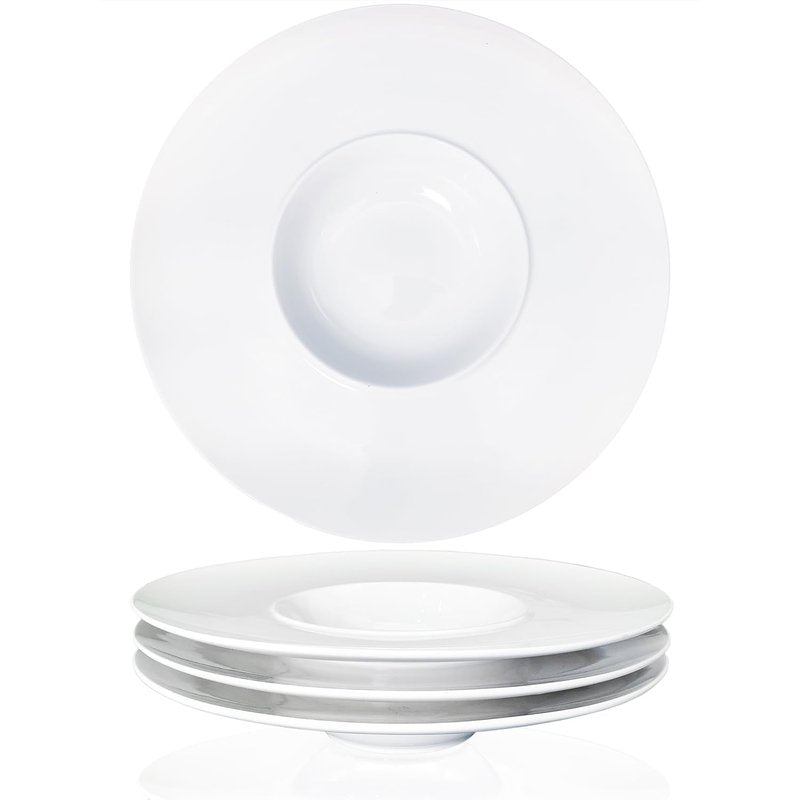 jinsongdafa Ceramics Rimmed Soup Bowls 8.5 oz, White 10.4 inch Exquisite small soup plate Set of 4, Pasta plates With Rim is the best choice for hotels, kitchens, fine restaurants and gourmets