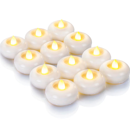 Homemory 2” Flameless Led Floating Candles, 200 Hour Plastic Battery Operated Flickering Waterproof Tealights for Cylinder Vases, Centerpieces at Wedding, Party, Pool, Holiday (12 Pack, White Base)