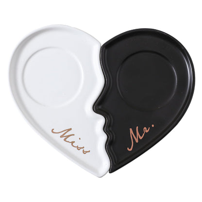 DELARLOCHEF 6Oz Mr and Mrs mug Heart Shaped Ceramic Mugs with Saucer & Golden Spoon. Perfect for Engagement, Wedding.Couple Mugs Graduation gifts father's day gifts
