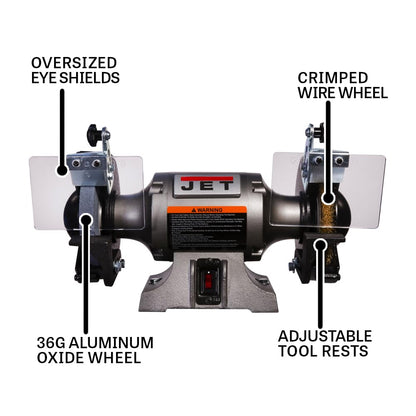 JET 6-Inch Bench Grinder w/ Wire Wheel, 3450 RPM, 115V 1Ph (JBG-6W)
