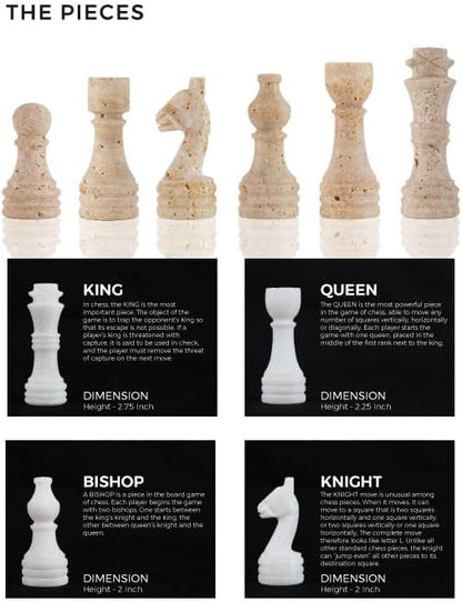 Marble Chess Set 12 Inch Handmade White and Travertine Board Games for Adults with Storage Box Classic Table Chess Board with Chess Pieces &amp 2 Extra Queens Gifts &amp Home Décor