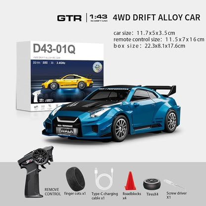 1/43 Scale RC Drift Car 2.4G Full Proportional 4WD Remote Control Car with Gyro Adjustable Speed &amp LED Lights Alloy RC Vehicle for Adult