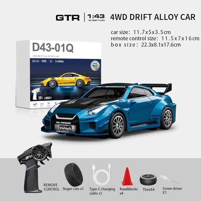 D43-02 1:43 Scale 2.4G Full Proportional 4WD Alloy RC Drift Car with Gyro System Silent Bearings Adjustable Speed &amp LED Lights for Adults High Speed Remote Control Racing Car